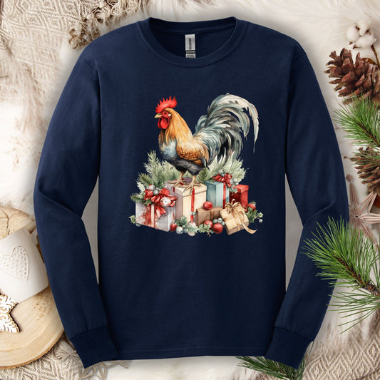 Navy Gildan long sleeve tee with a watercolor rooster on Christmas presents.