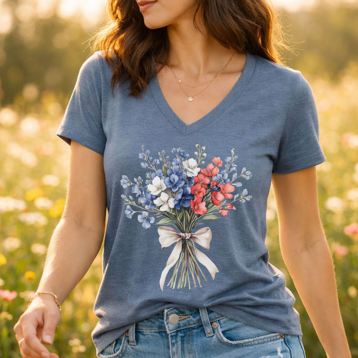 Delicate Patriotic Bouquet with Ribbon V-Neck T-Shirt
