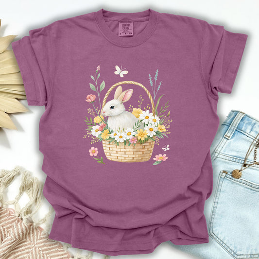 Berry S garment-dyed t-shirt with a watercolor bunny in a floral basket design.