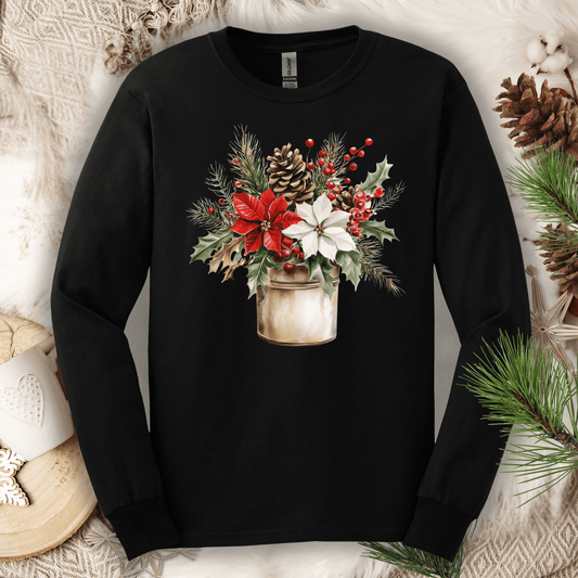 Black Gildan long sleeve tee with a watercolor Christmas bouquet in a rustic metal jar.