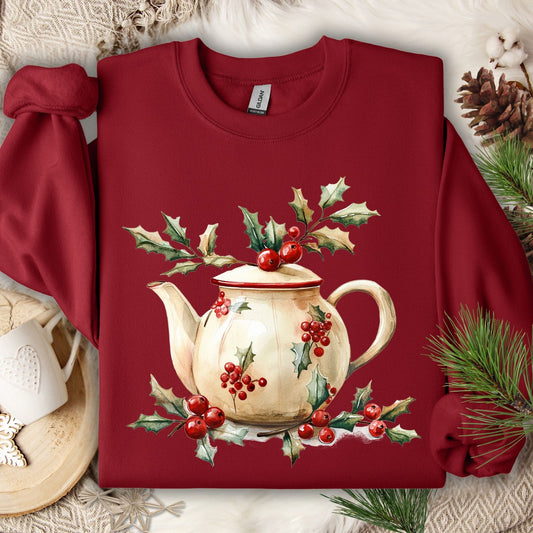 Cardinal Red Gildan fleece sweatshirt with a watercolor farmhouse teapot and holly berries.