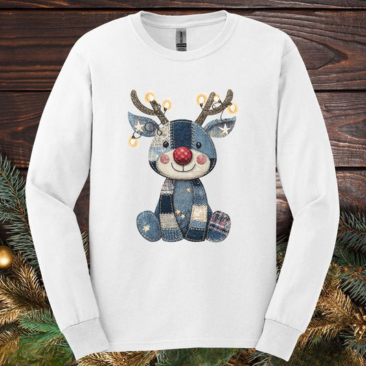 Faux Denim Patchwork Rudolph Long Sleeve Tee