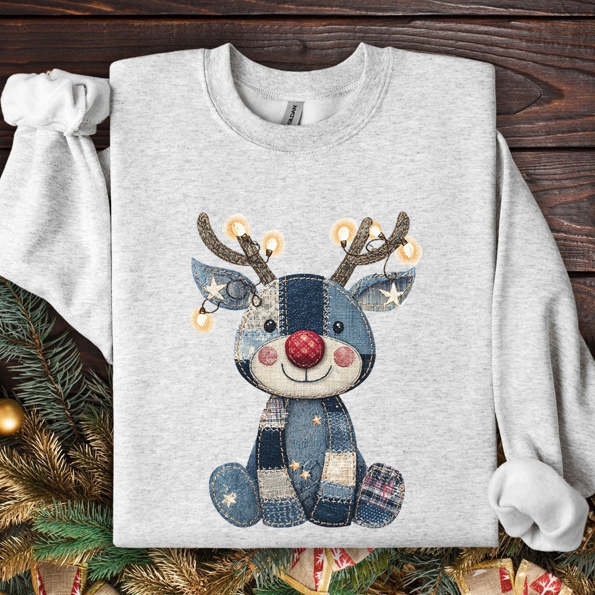 Faux Denim Patchwork Rudolph Sweatshirt