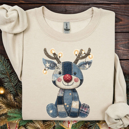 Faux Denim Patchwork Rudolph Sweatshirt