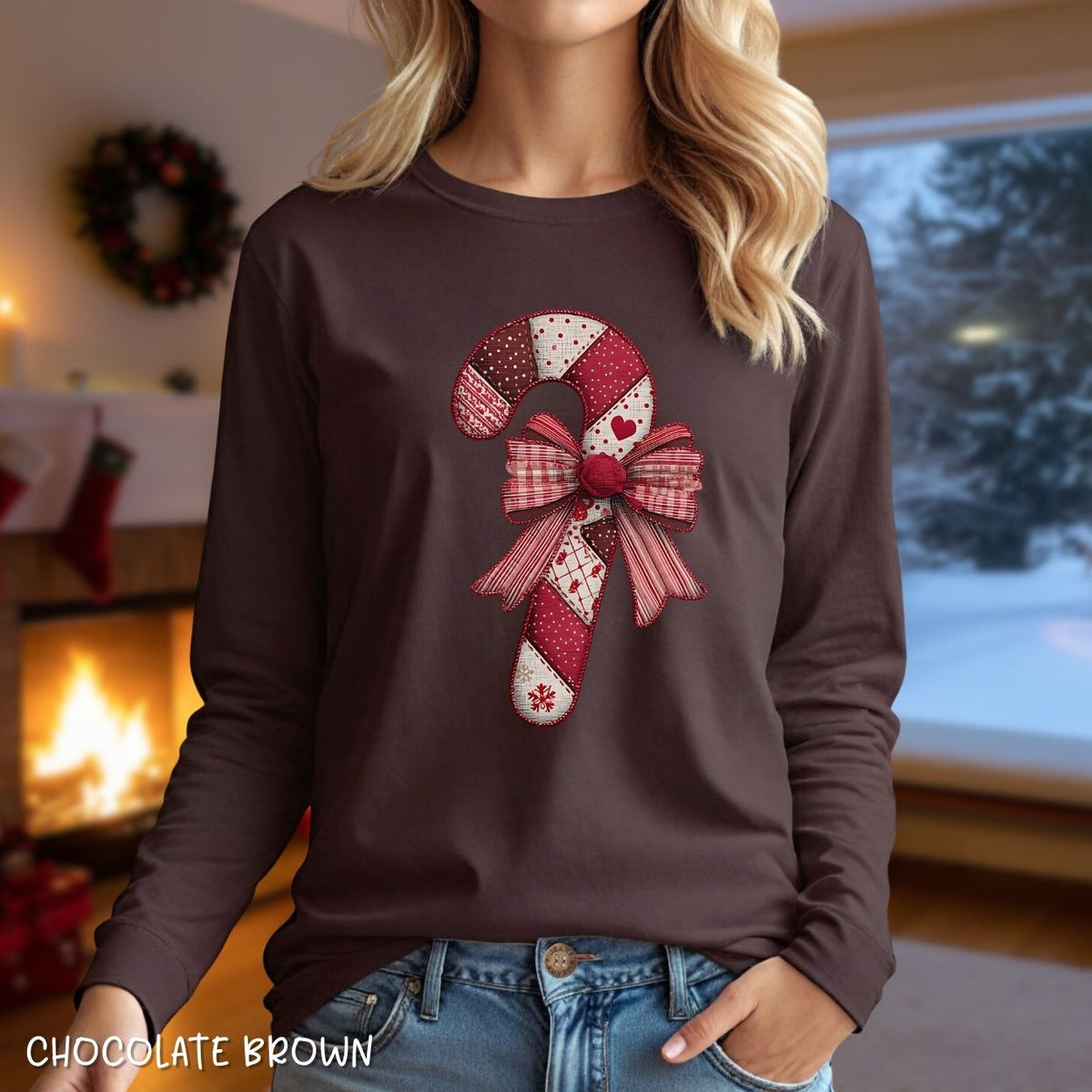Faux Patchwork Candy Cane Long Sleeve Tee