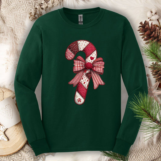 Forest Green long sleeve tee with a vintage faux patchwork candy cane and red bow design.