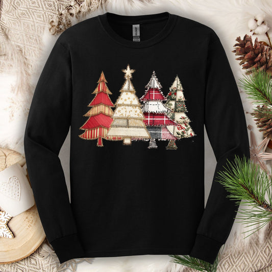 Black Gildan long sleeve tee with a printed rustic patchwork Christmas tree design.