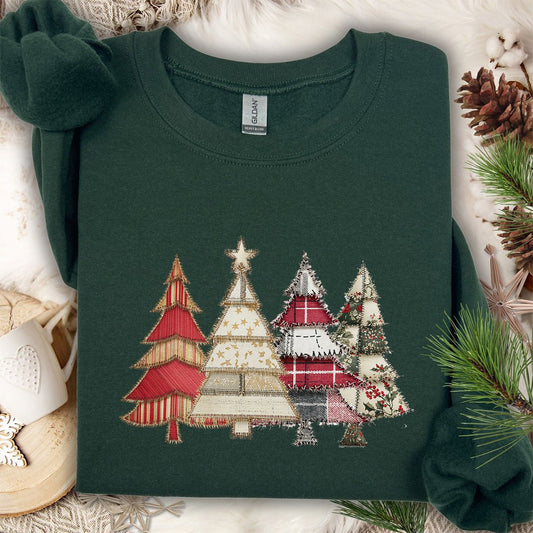 Faux Patchwork Christmas Trees Sweatshirt