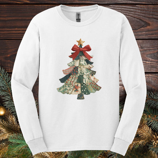Faux Patchwork Country Christmas Tree Long Sleeve Tee