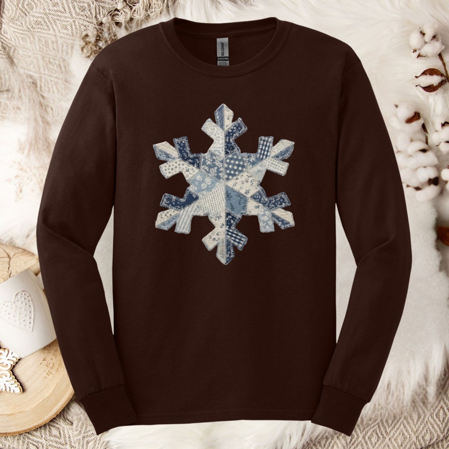 Faux Patchwork Country Snowflake Long Sleeve Tee