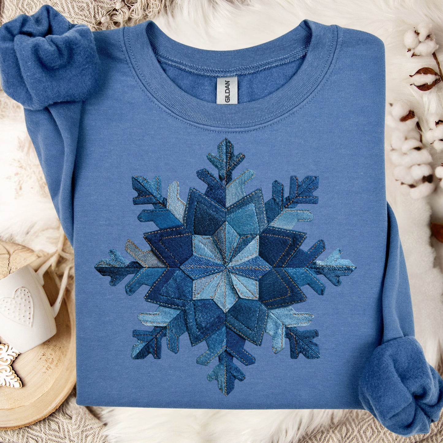Faux Patchwork Denim Snowflake Sweatshirt