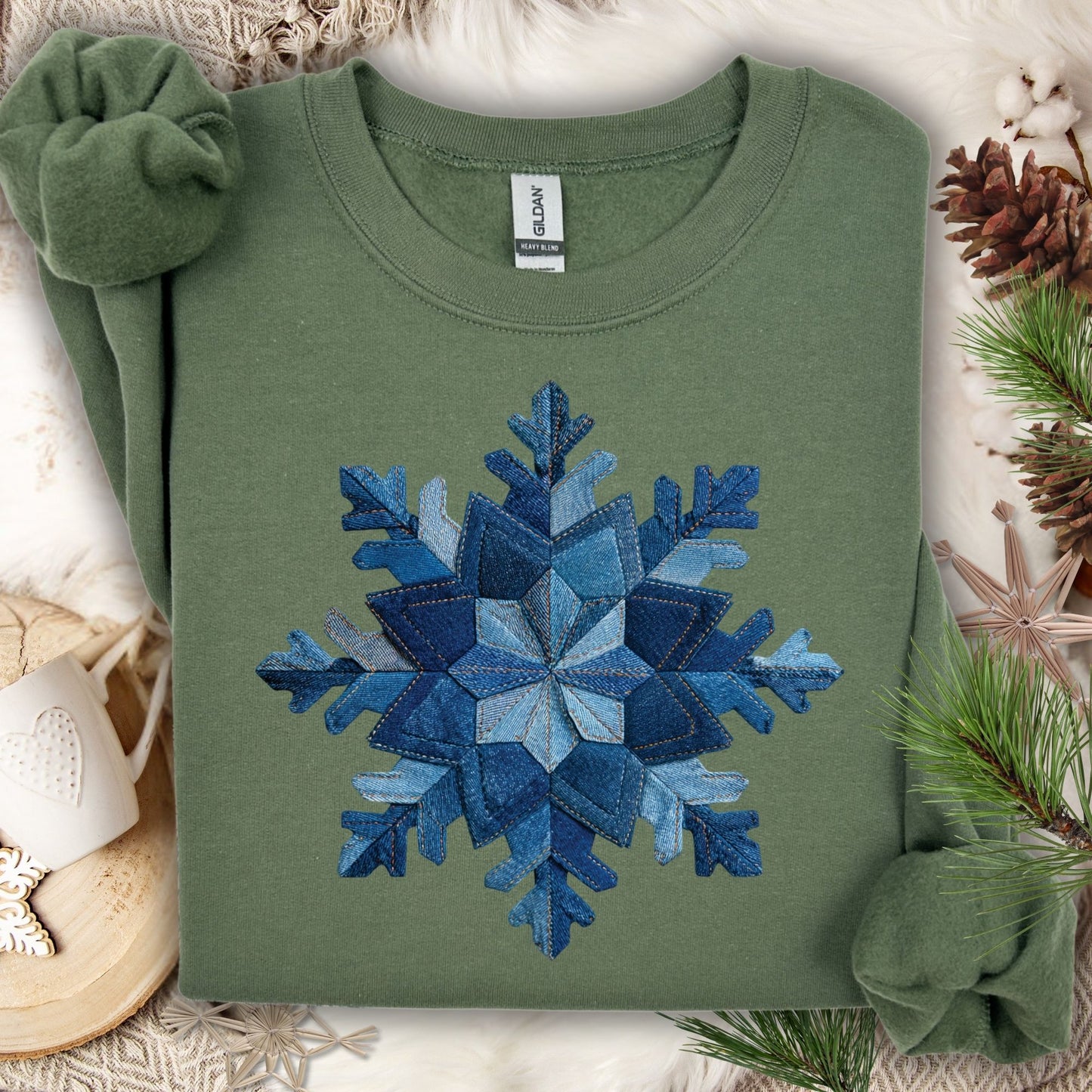 Faux Patchwork Denim Snowflake Sweatshirt