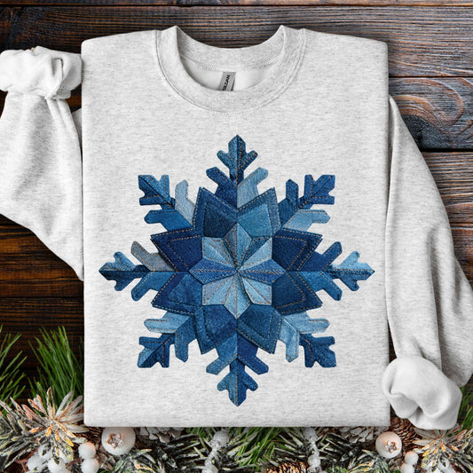 Ash gray faux patchwork denim snowflake sweatshirt, classic fit, 50/50 cotton-poly blend.