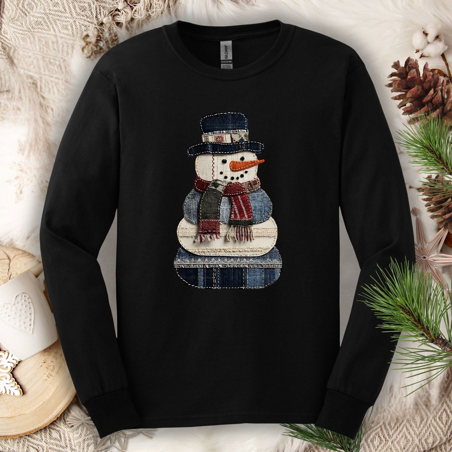 Faux Patchwork Denim Snowman Long Sleeve Tee