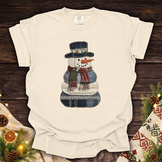 Faux Patchwork Denim Snowman T-Shirt