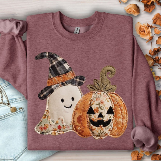 Heather Sport Dark Maroon sweatshirt with faux patchwork ghost in witch hat and jack-o-lantern.