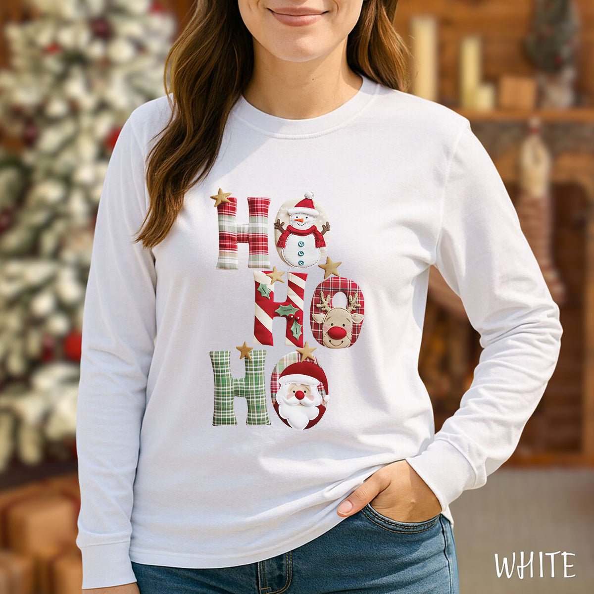 Faux Patchwork Ho Ho Ho Long Sleeve Tee