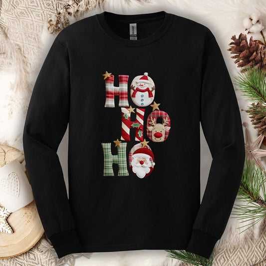 Faux Patchwork Ho Ho Ho Long Sleeve Tee