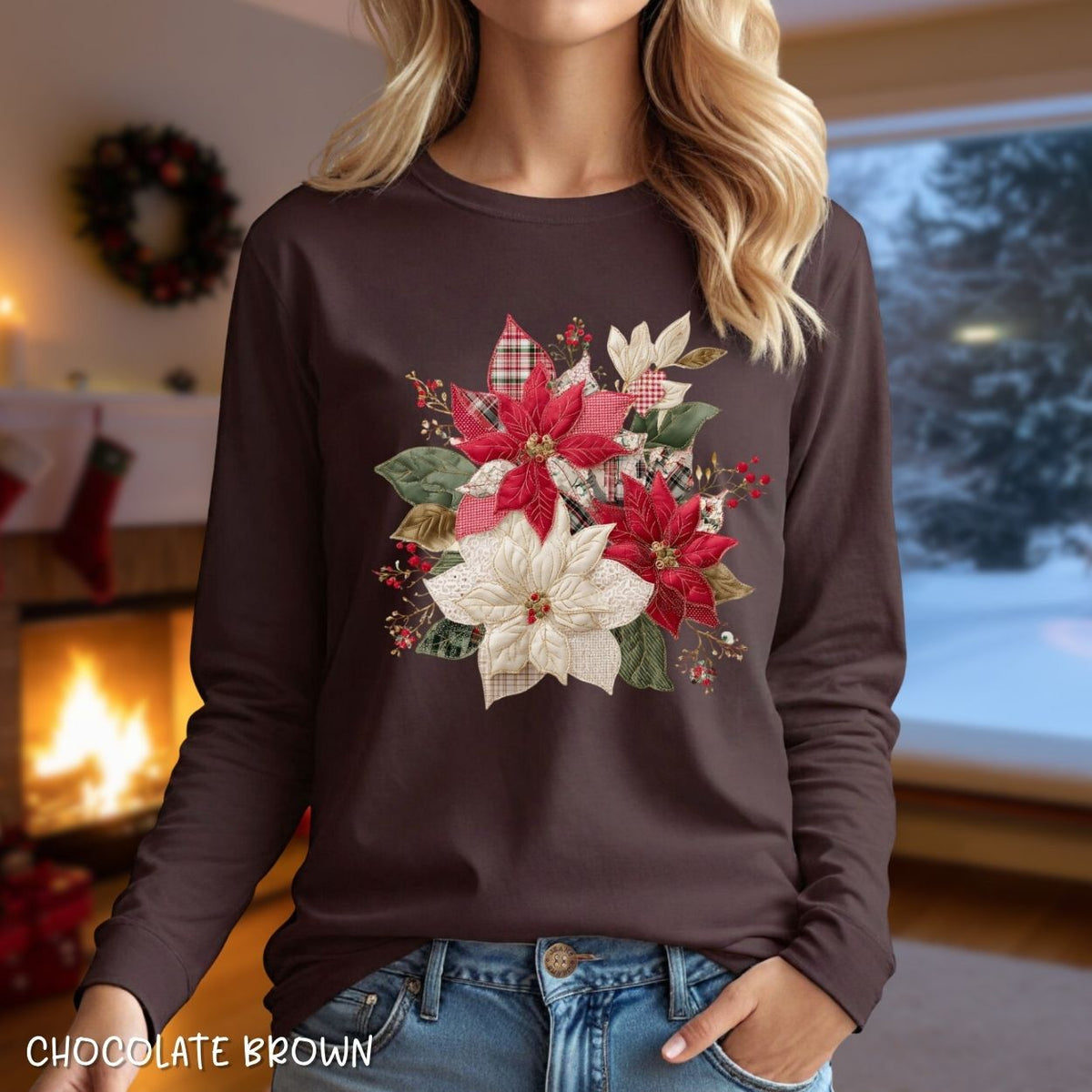 Faux Patchwork Poinsettia Long Sleeve Tee