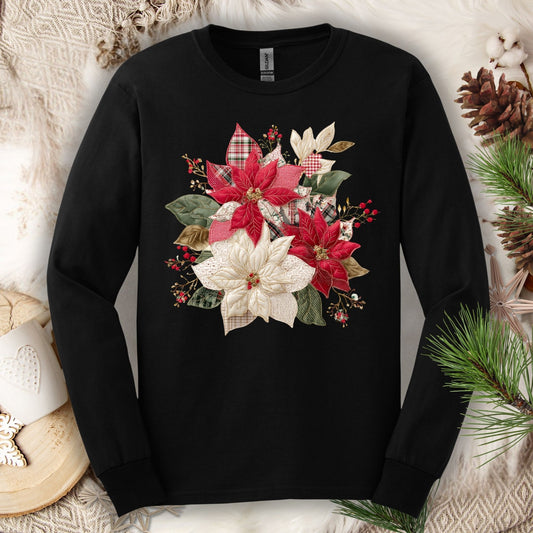 Black long sleeve tee with a faux patchwork poinsettia design featuring red, white, gingham, and plaid fabrics.