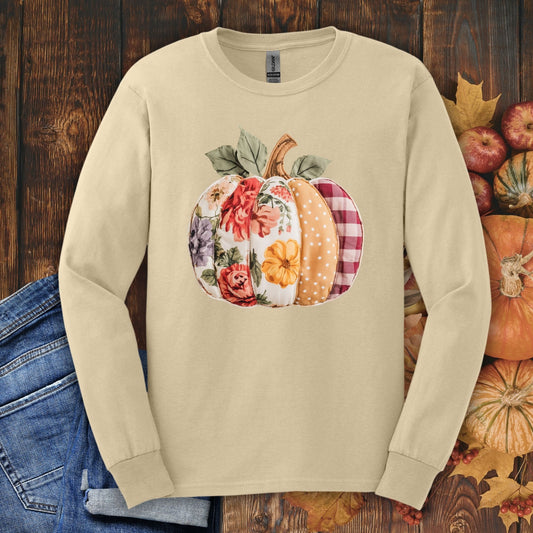 Faux Patchwork Pumpkin Long Sleeve Tee
