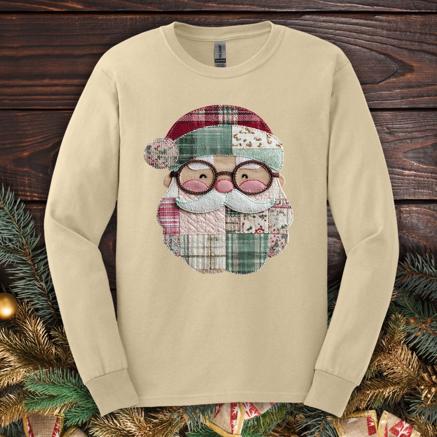 Faux Patchwork Santa Long Sleeve Tee