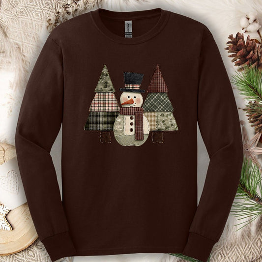 Faux Patchwork Snowman & Evergreens Long Sleeve Tee