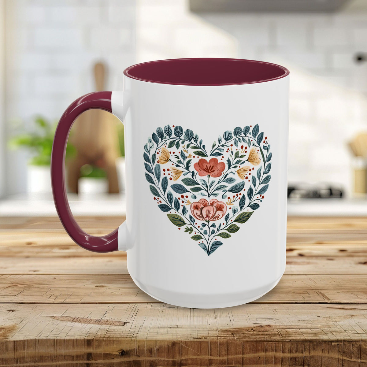Folk Art Blue Floral Valentine's Heart Mug (11/15oz)