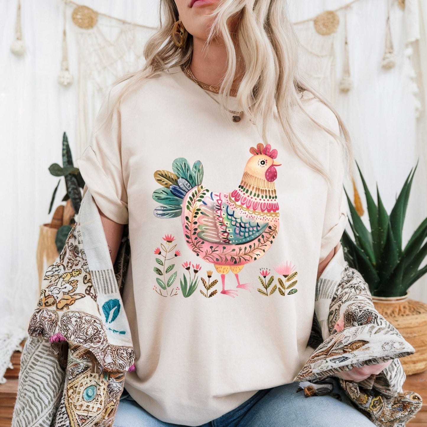 Folk Art Chicken and Flowers T-Shirt