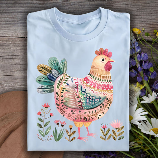 Folk Art Chicken and Flowers T-Shirt