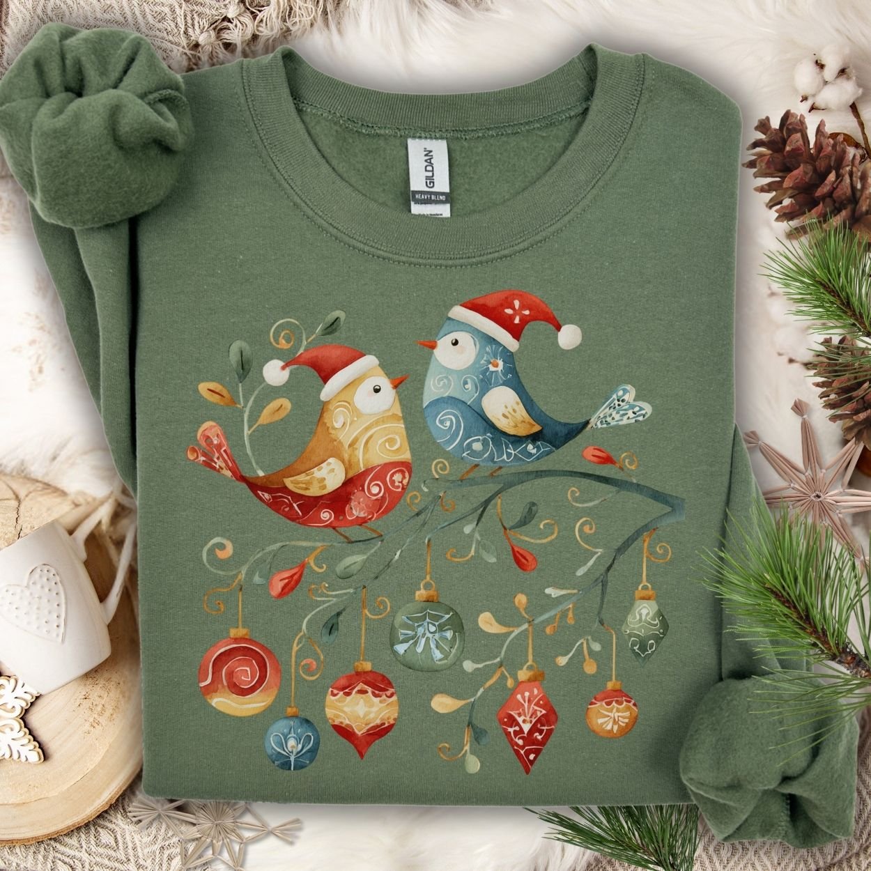 Folk Art Christmas Birds & Ornaments Sweatshirt