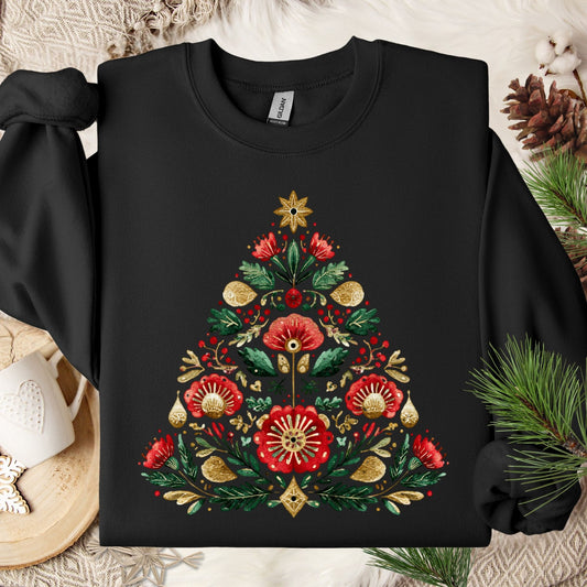 Black Gildan sweatshirt with a folk art Christmas tree design in red, green, and gold.