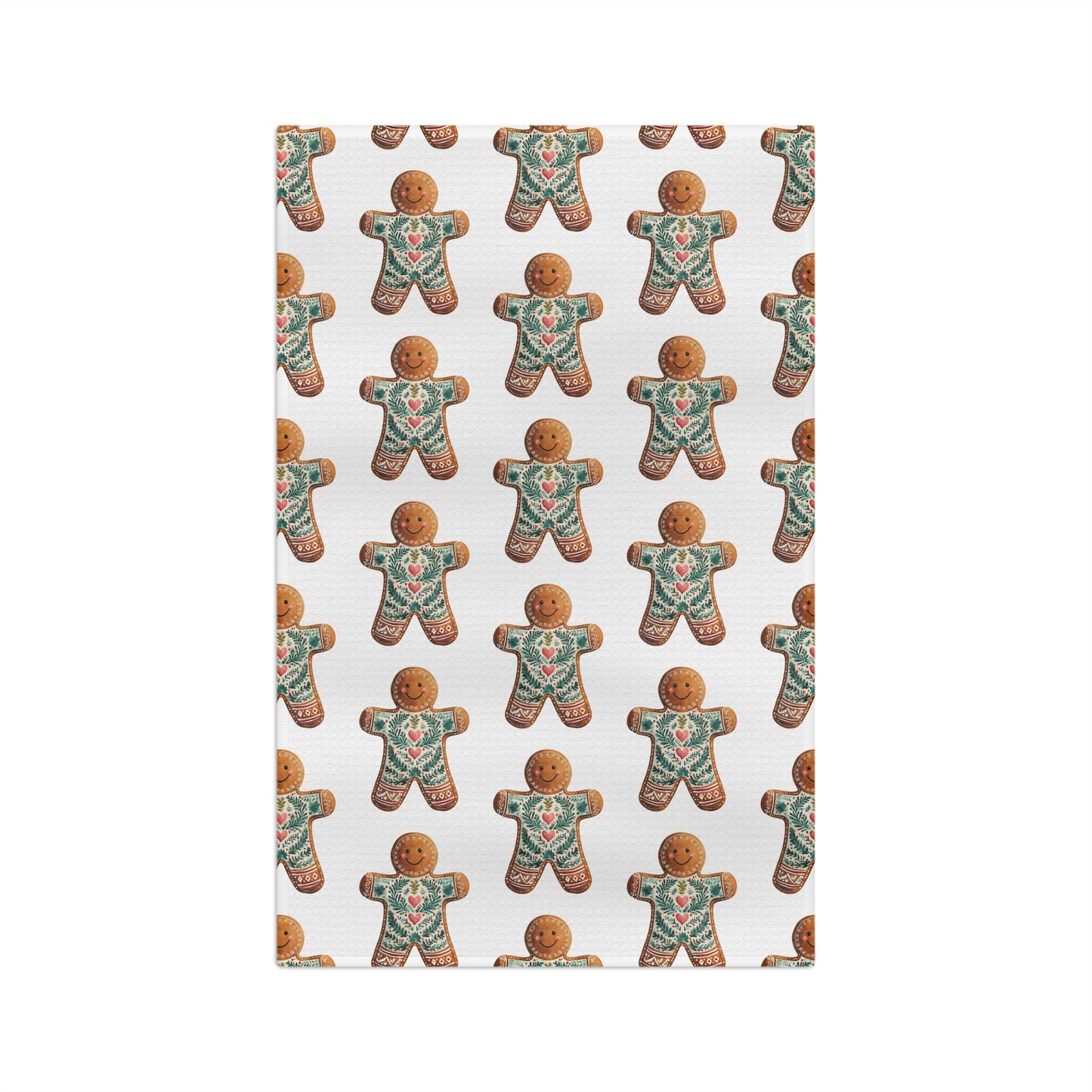 Microfiber tea towel with a folk art gingerbread man pattern, featuring pink carnations and tiny hearts.