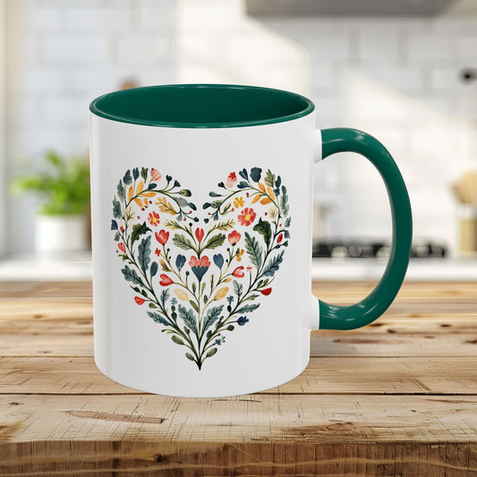 Folk Art Green and Red Rose Heart Mug (11/15oz)