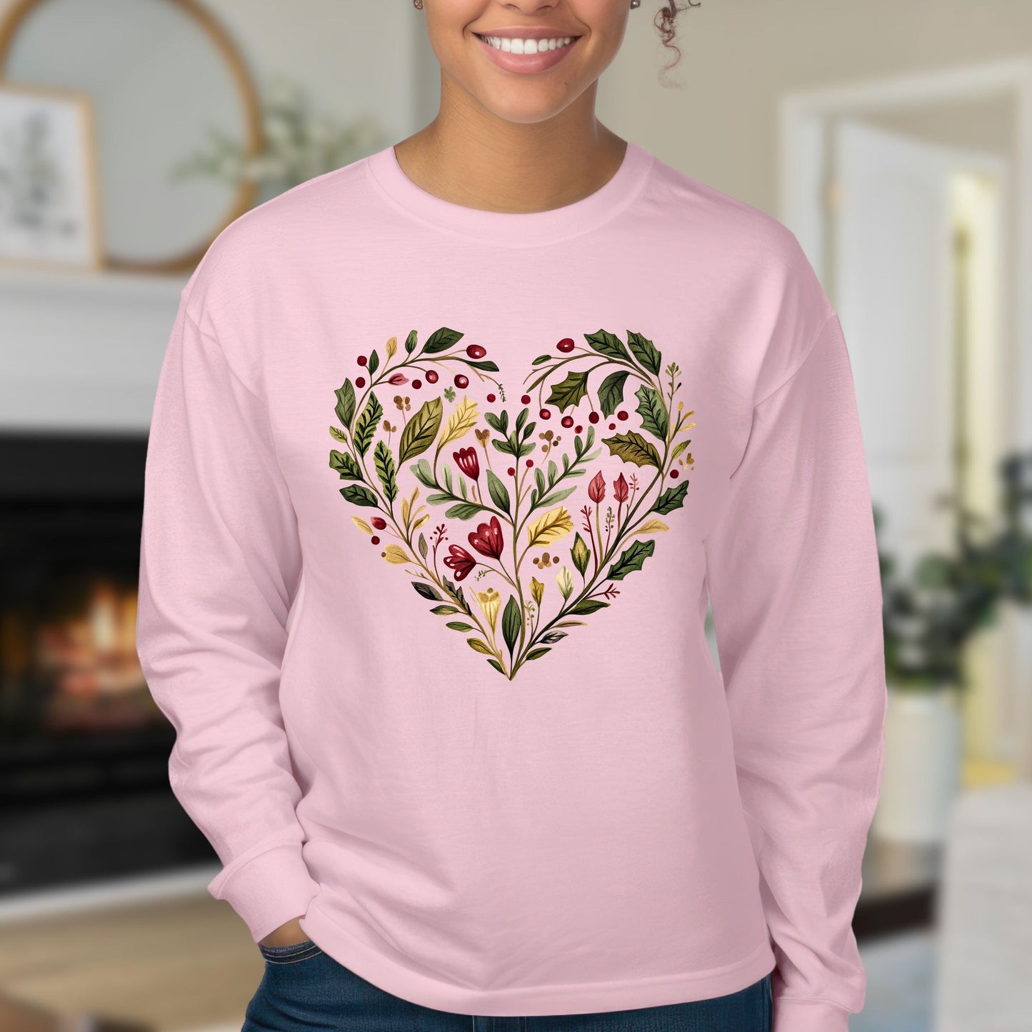 Folk Art Holly Berry and Rose Winter Heart Long Sleeve Tee
