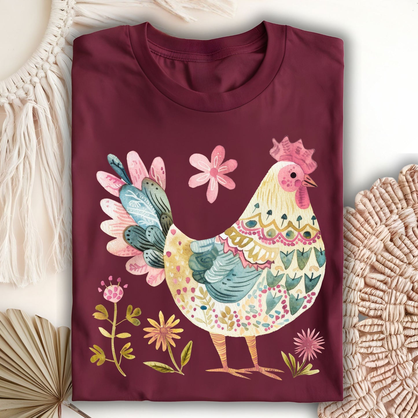 Folk Art Rooster and Flowers T-Shirt