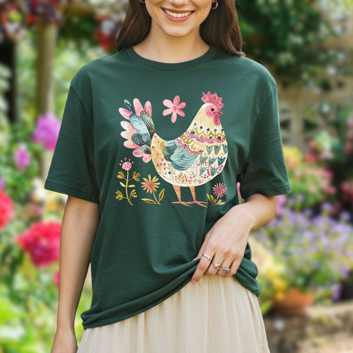Folk Art Rooster and Flowers T-Shirt
