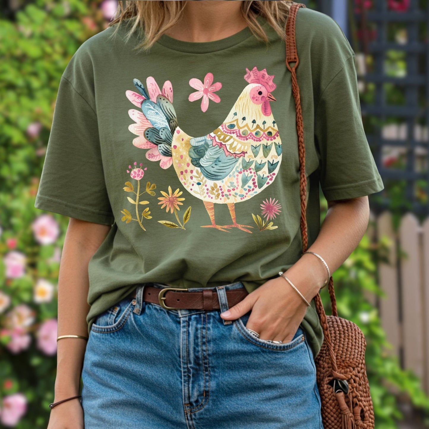 Folk Art Rooster and Flowers T-Shirt