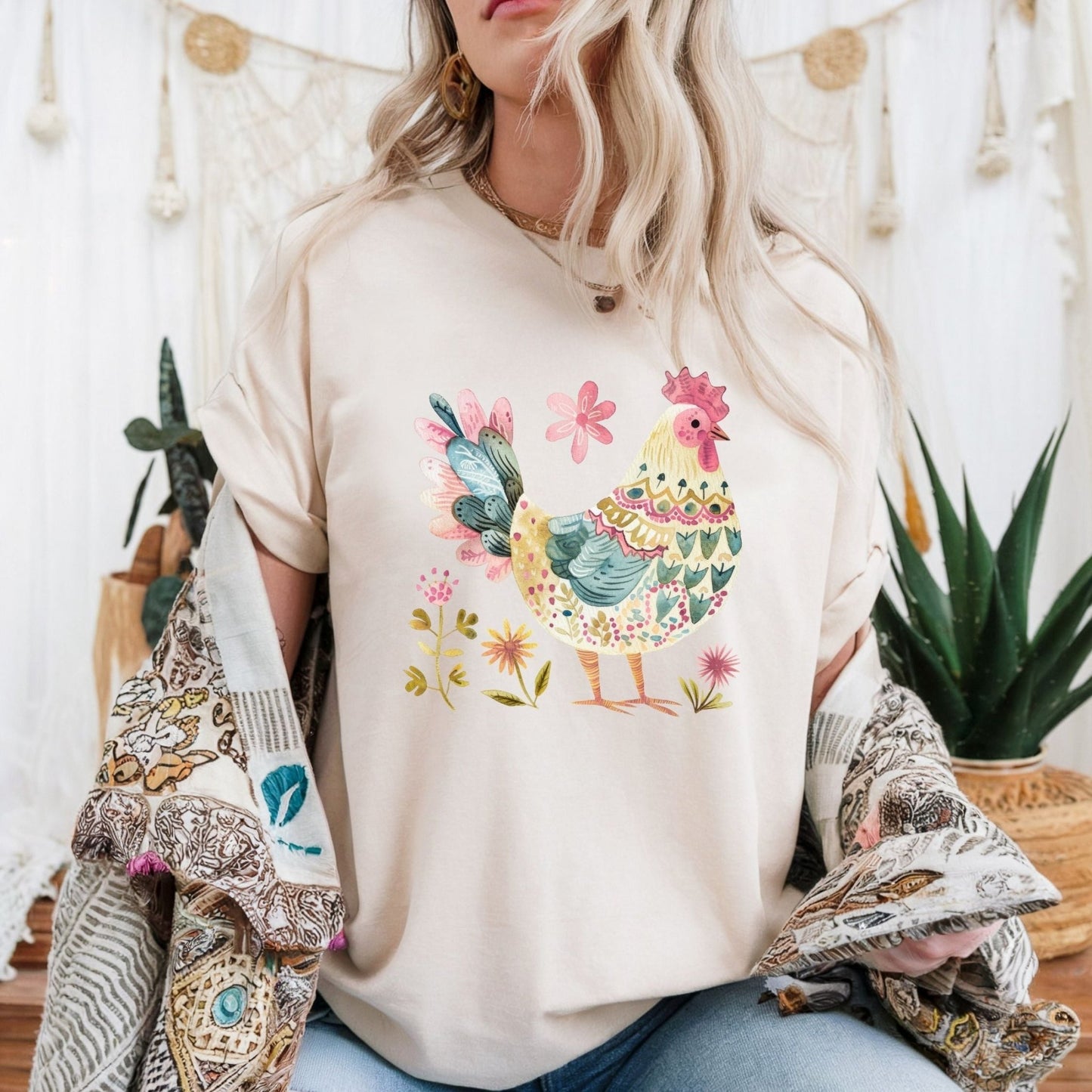 Folk Art Rooster and Flowers T-Shirt