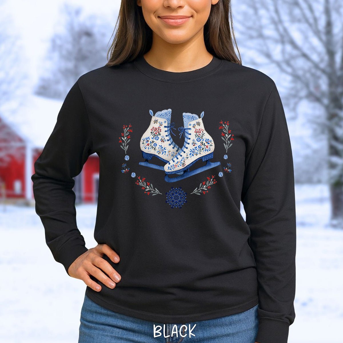 Folk Art Winter Ice Skates Long Sleeve Tee