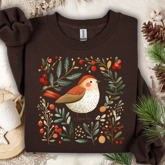 Dark chocolate fleece sweatshirt with folk art winter sparrow, evergreens, holly, and ornaments.