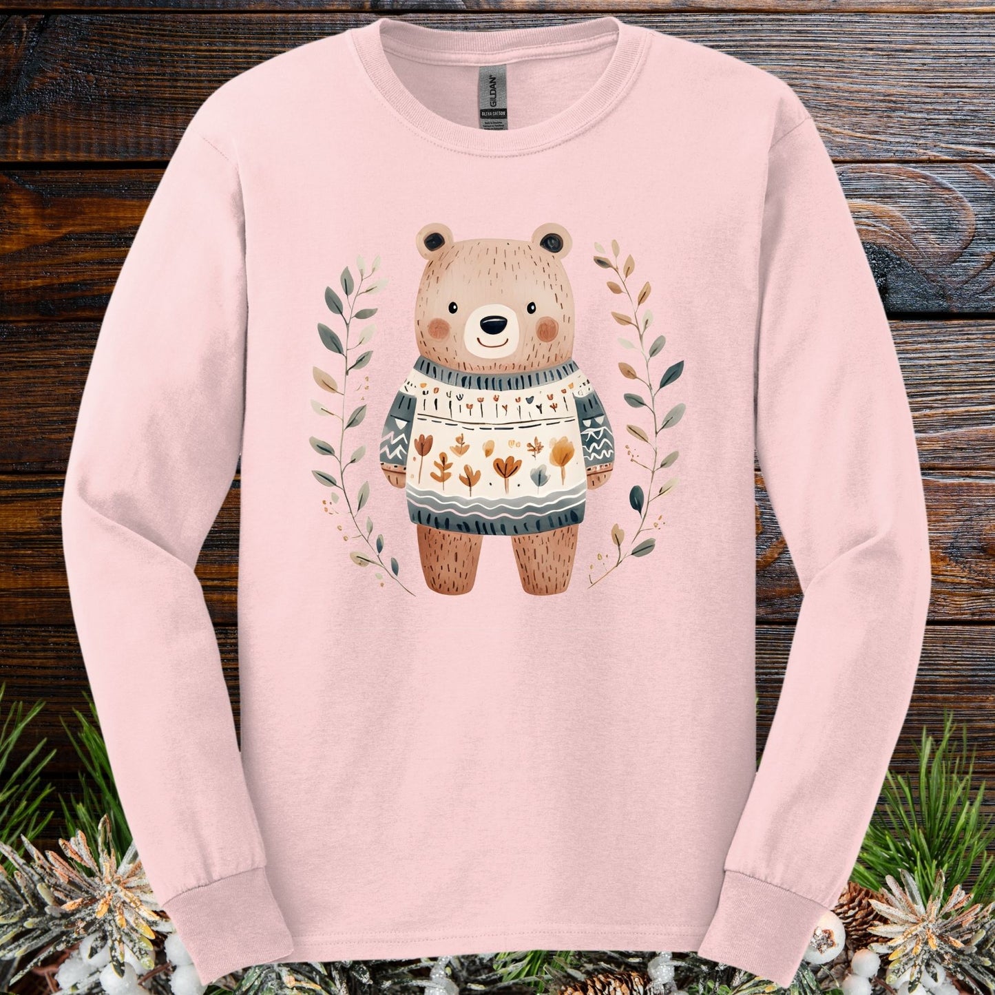 Folk Art Woodland Bear Long Sleeve Tee