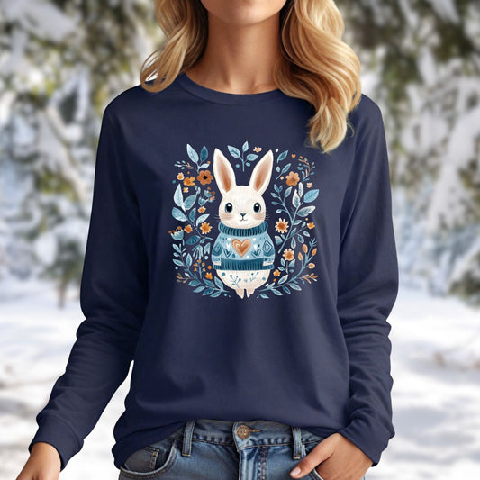 Folk Art Woodland Winter Rabbit Long Sleeve Tee