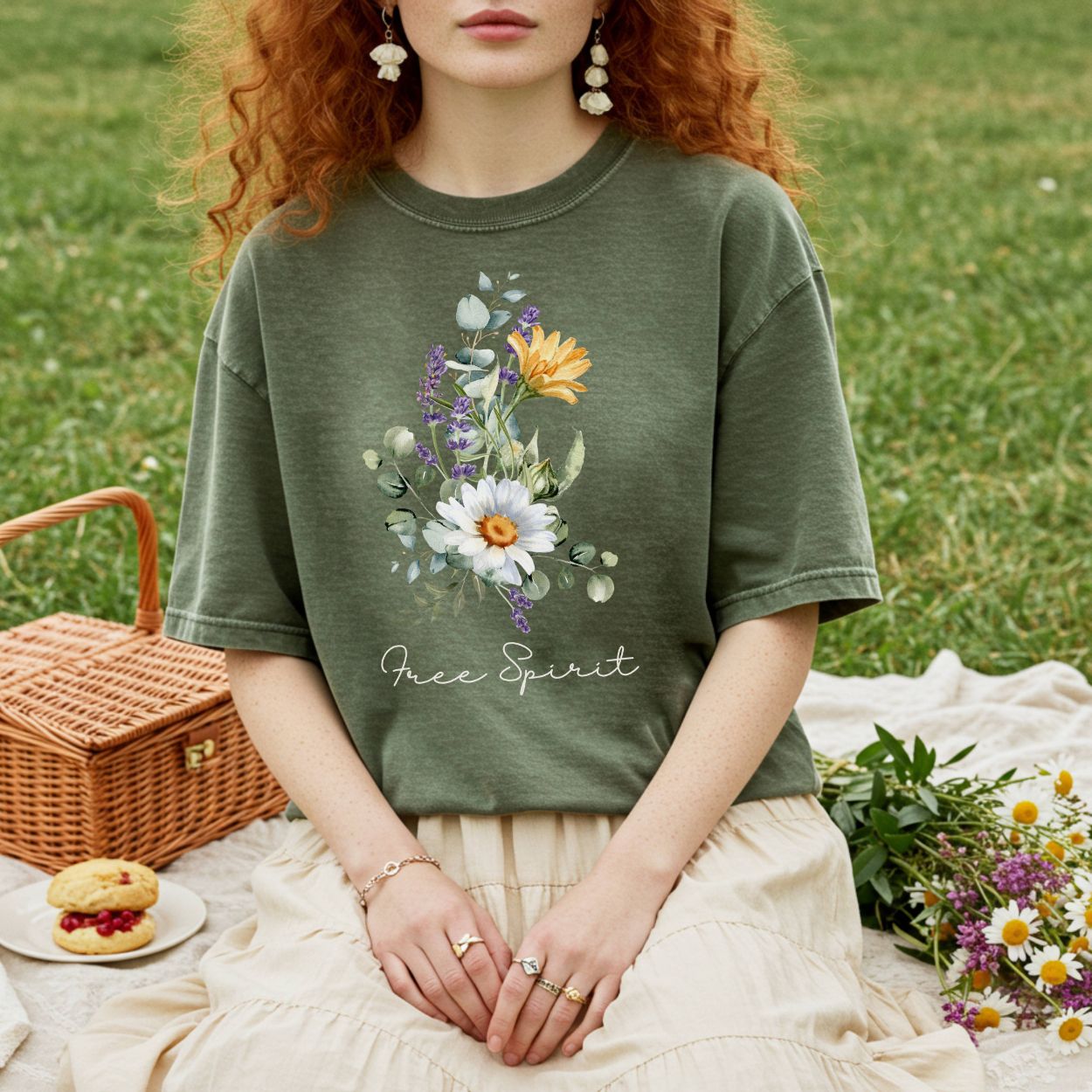 Garment-dyed olive green "Free Spirit" t-shirt with a hand-painted floral bouquet, worn by a woman outdoors.