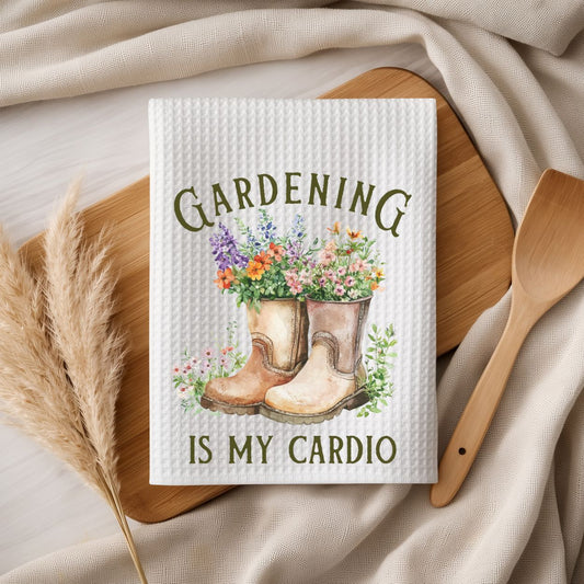 "Gardening Is My Cardio" Floral Boots Tea Towel