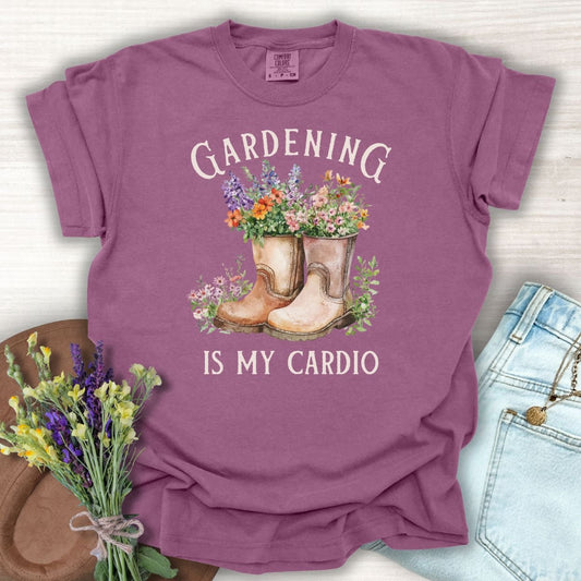 Gardening Is My Cardio T-Shirt — Watercolor Boots & Wildflowers