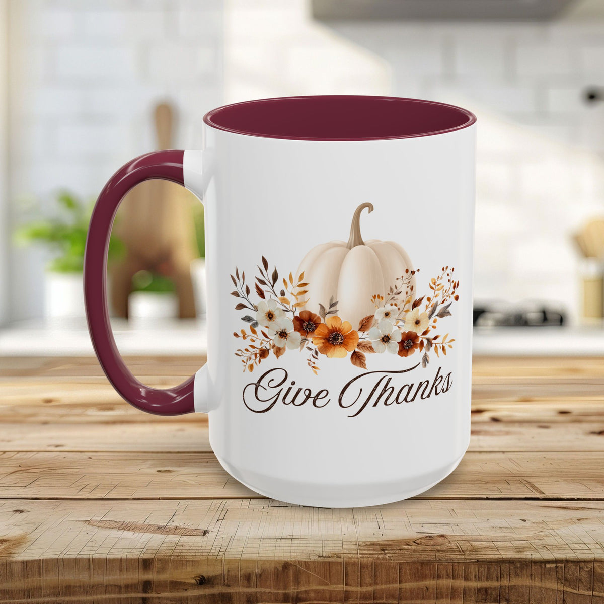Give Thanks White Pumpkin Floral Mug (11/15oz)