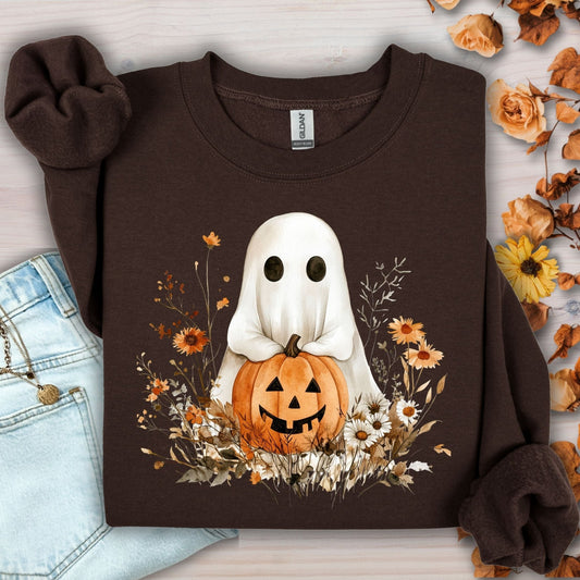 Dark Chocolate Halloween Boho Ghost sweatshirt with a cute ghost holding a jack o'lantern, surrounded by autumn wildflowers.