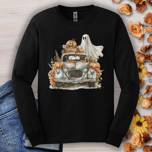 Halloween Vintage Pickup Truck & Ghost Long Sleeve Tee