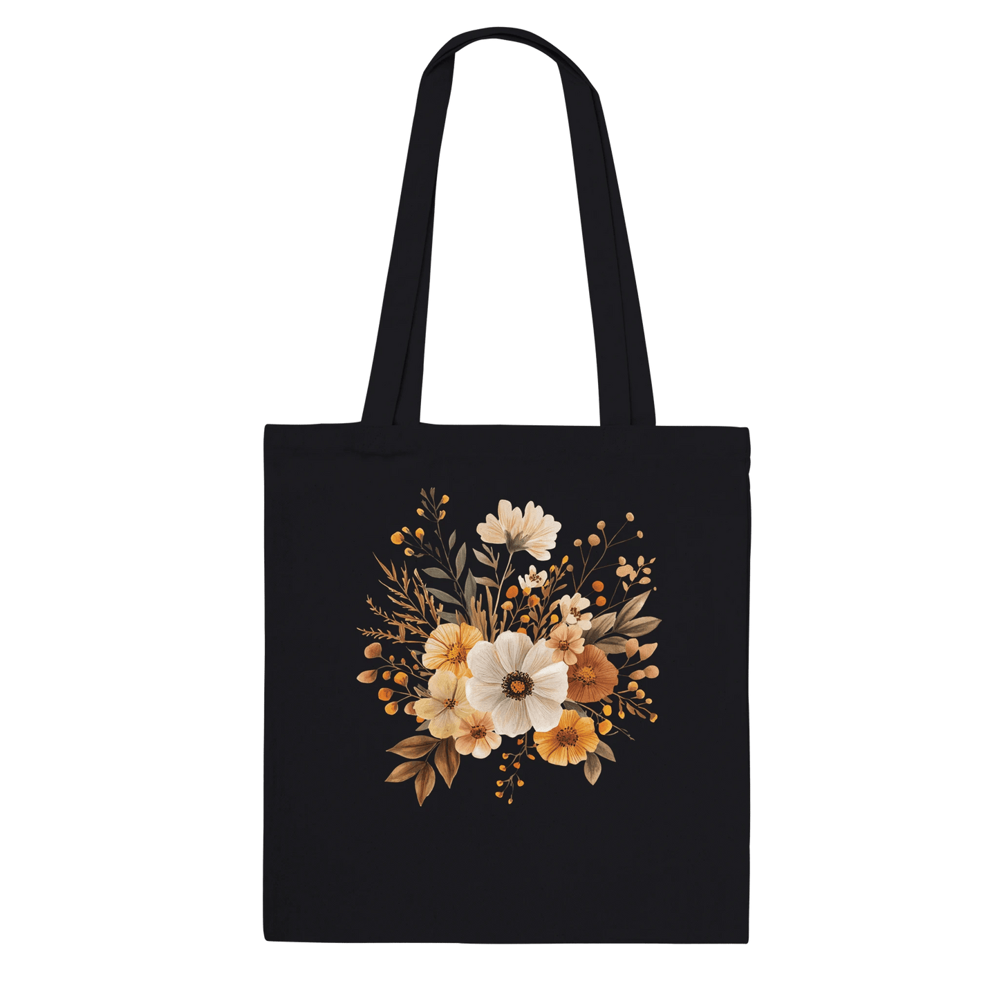 Black cotton canvas tote bag with watercolor autumnal flowers in rich, seasonal tones.